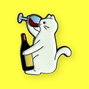 Fun Cat with Wine Bottle Brooch - Quirky Enamel Lapel Pin